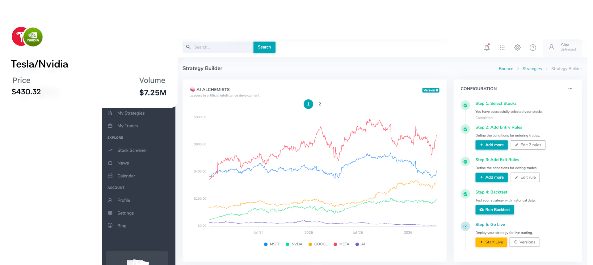 Bounce Trade strategy builder interface