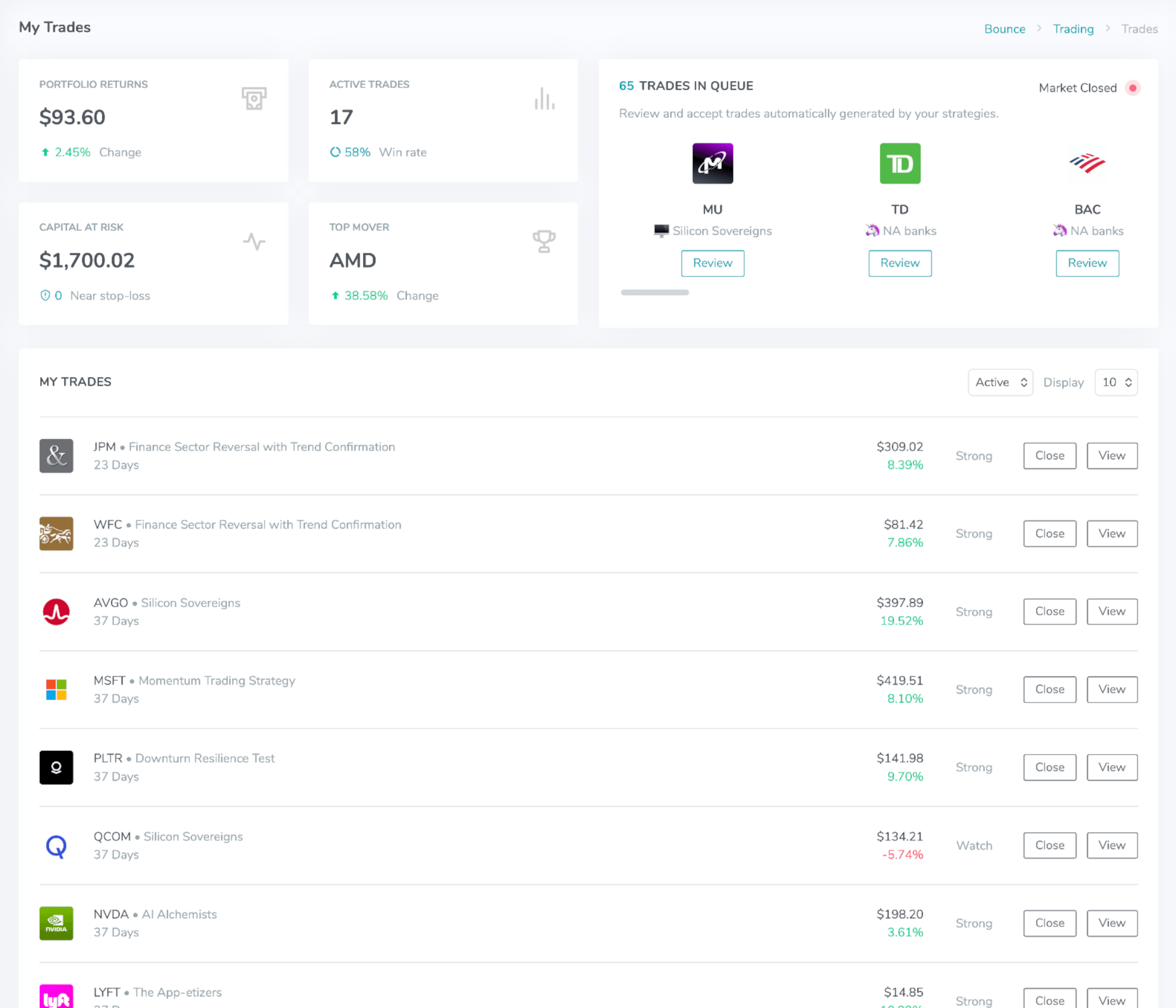 Bounce Trade alerts and monitoring screen